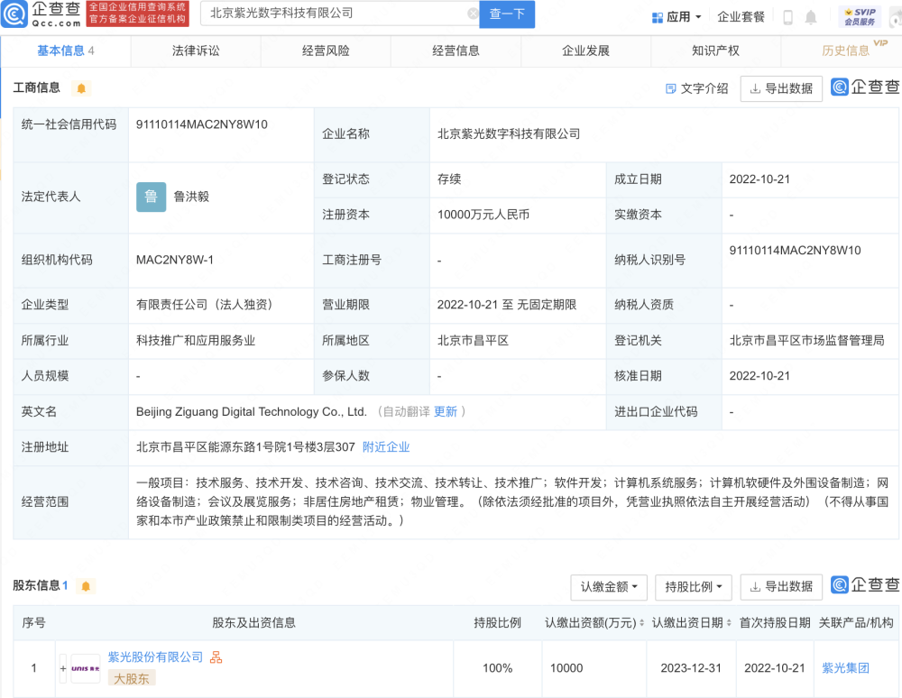 紫光股份于北京新设数字科技子公司,注册资本1亿元